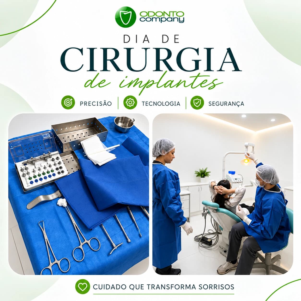 Arte OdontoCompany: Dia de cirurgia de implantes, com instrumentais e ambiente de atendimento.